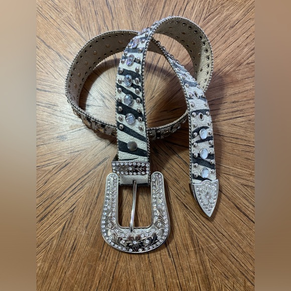 Western Zebra Print Leather Belt with Rhinestone & Studs - Picture 3 of 14